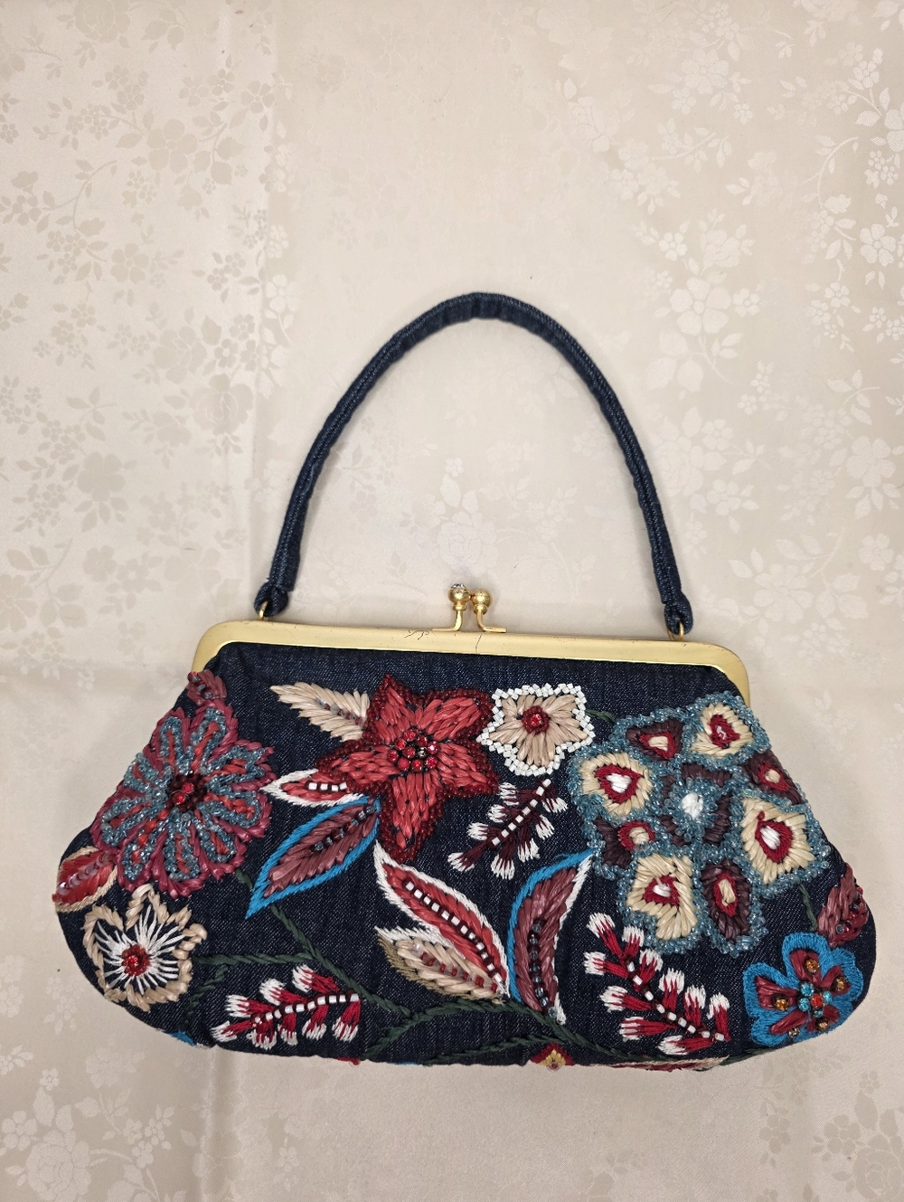 VINTAGE Santi Heavily Embroidered & Beaded Denim Kiss-Lock Clutch / Top Handle B